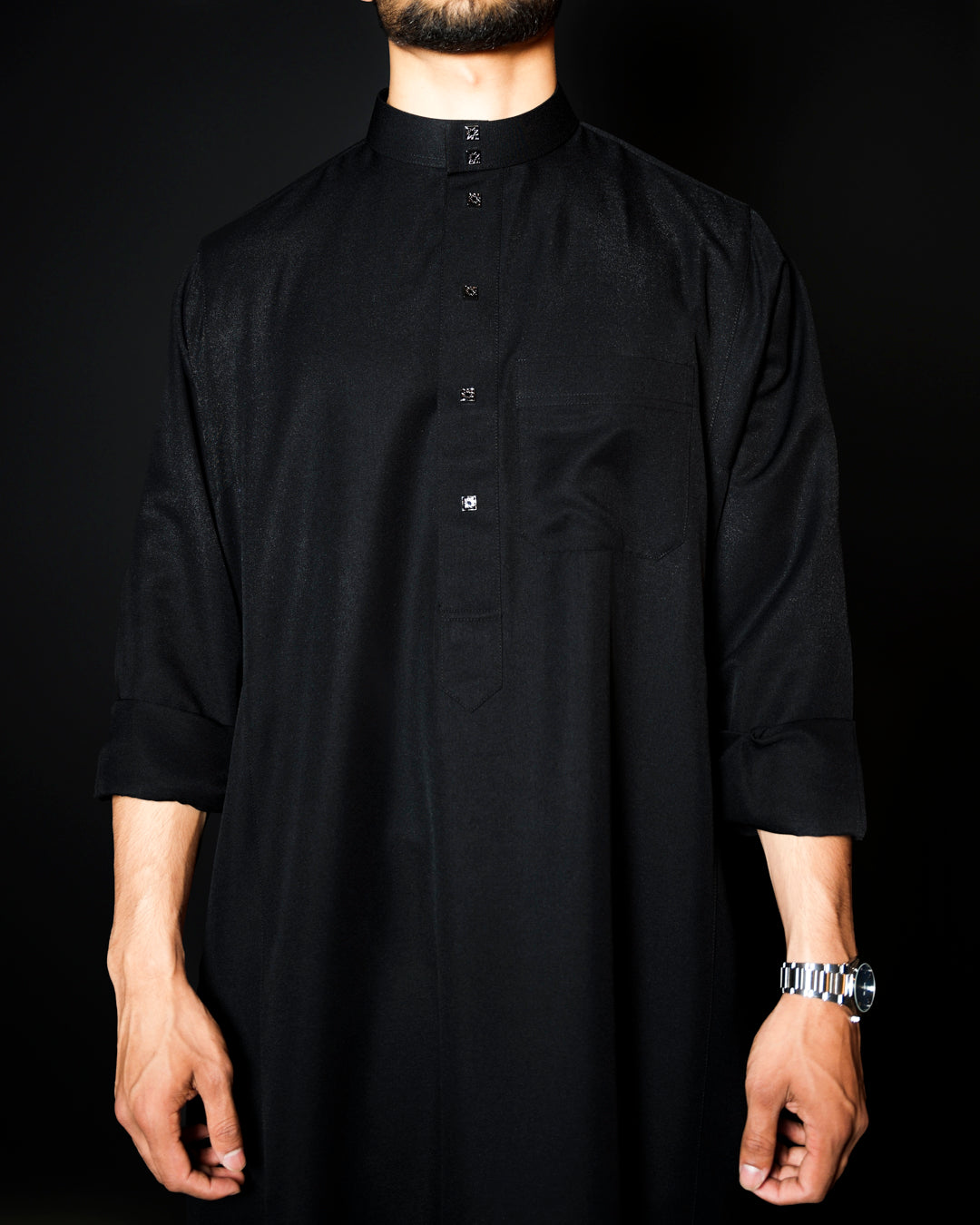 Premium Saudi Collared thobe (black) - ALIMAN